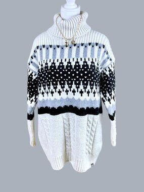 Superdry Sweater Turtleneck Chunky Knit Fair Isle Ivory Black Gray (8)